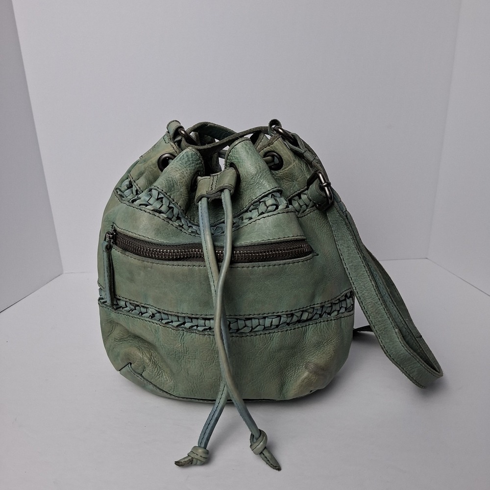 Vilenca Holland Leather Crossbody Drawstring Pouch Bucket Bag Antiqued Blue